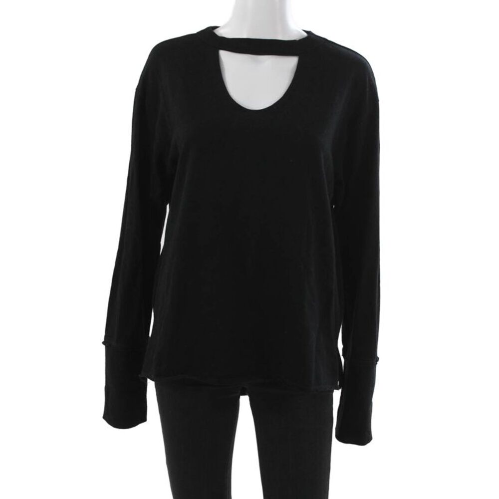 RD Womens Basic T-Shirt Black Cotton Choker Neck Long Sleeve Size M